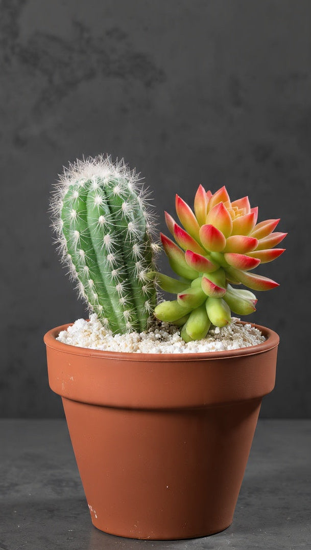 This striking mini arrangement pairs a fuzzy white-spined cactus with a vibrant fire-tip succulent, both nestled in a classic 3" terracotta pot. Topped with clean white stone for a modern, minimal look that works on any desk, shelf, or windowsill.
