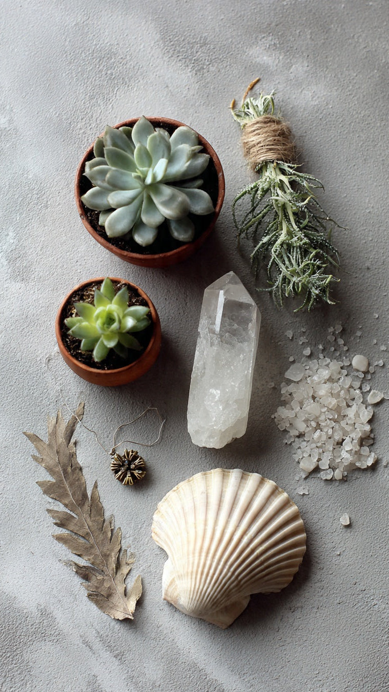 A curated set for the plant collector who loves a little mystery.
Each Curio Box contains three rare or sun-stressed succulents hand-selected from my Merritt Island greenhouse. Every plant is nestled in gritty, fast-draining soil and topped with pale river gravel.
Tucked among the pots you’ll find three treasures:  
•  One natural quartz crystal point for good energy  
•  One polished Atlantic seashell collected from the Space Coast  
•  One antiqued brass botanical charm, hidden as a surprise  
Arrives in 