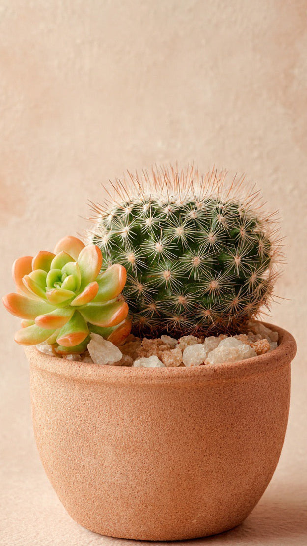 This isn’t just a plant — it’s a mini desert altar for your desk. A fuzzy white-spined cactus and vibrant fire-tip succulent share a 3" terracotta pot, paired with a genuine crystal gem and polished grounding stone to complete the set.
