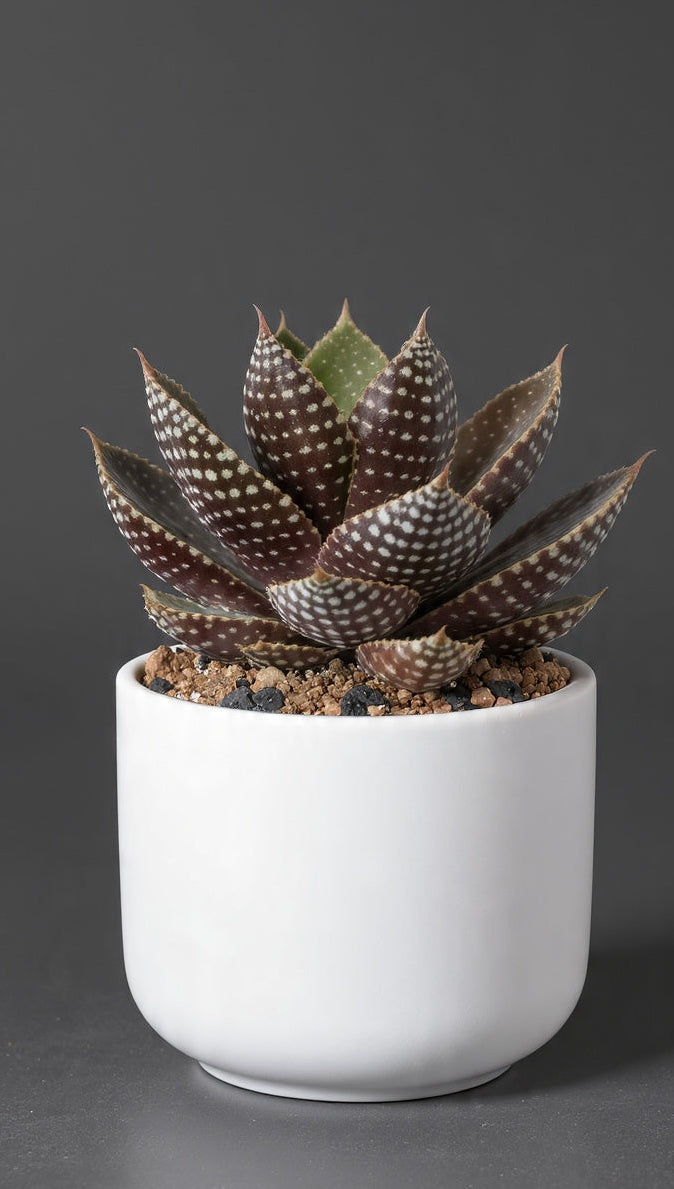 This 'Midnight' Gasteraloe is a rare hybrid with deep burgundy leaves covered in bright white polka dots. Each leaf is tipped with a soft spine, giving it a sculptural, star-like shape that looks expensive from every angle.
We pot it in a 4" matte white ceramic cylinder and top it with mineral grit so it’s ready to drop onto your shelf, desk, or windowsill the second it arrives. The dark leaves sun-stress to an even deeper chocolate in bright light — a true collector’s piece.
